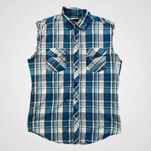 Route 66 Mens Blue Plaid Sleeveless Button Down Shirt Cutoff Raw Hem Medium